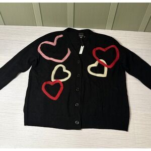 *NEW* Womens XL Aaeda Black Heart Motif Cardigan Sweater Fuzzy Hearts V-Neck